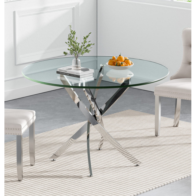 Modern 36" Round Dining Table for 2 4 People, Glass Kitchen Dining Room Table with Metal Cross Legs, Space Saving Circle Dinner Tables for Dining Room, Kitchen, Living Room