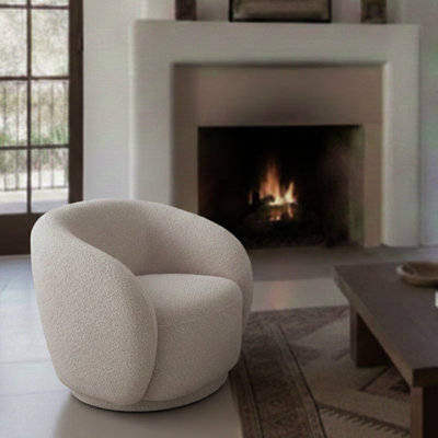 32.8" 360° Swivel Beige Boucle Accent Chair – Solid Eucalyptus Wood Frame Barrel Chair