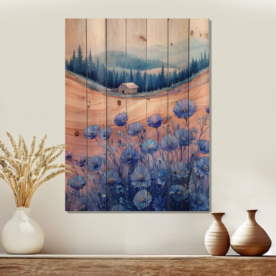 «Cornflowers Garden At The Barn On Slide III» - Art mural bois de bleuet - sur bois de pin naturel