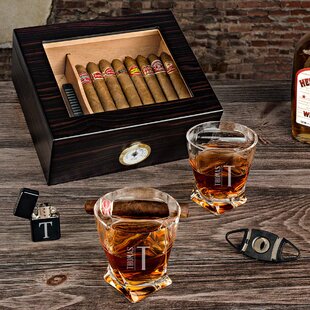 Whiskey cigar glasses gift set of 2 - Old Fashioned Square Glasses with  intended cigar rest, 8 Granite Chilling Rocks, Tongs, Velvet Pouch and  cigar