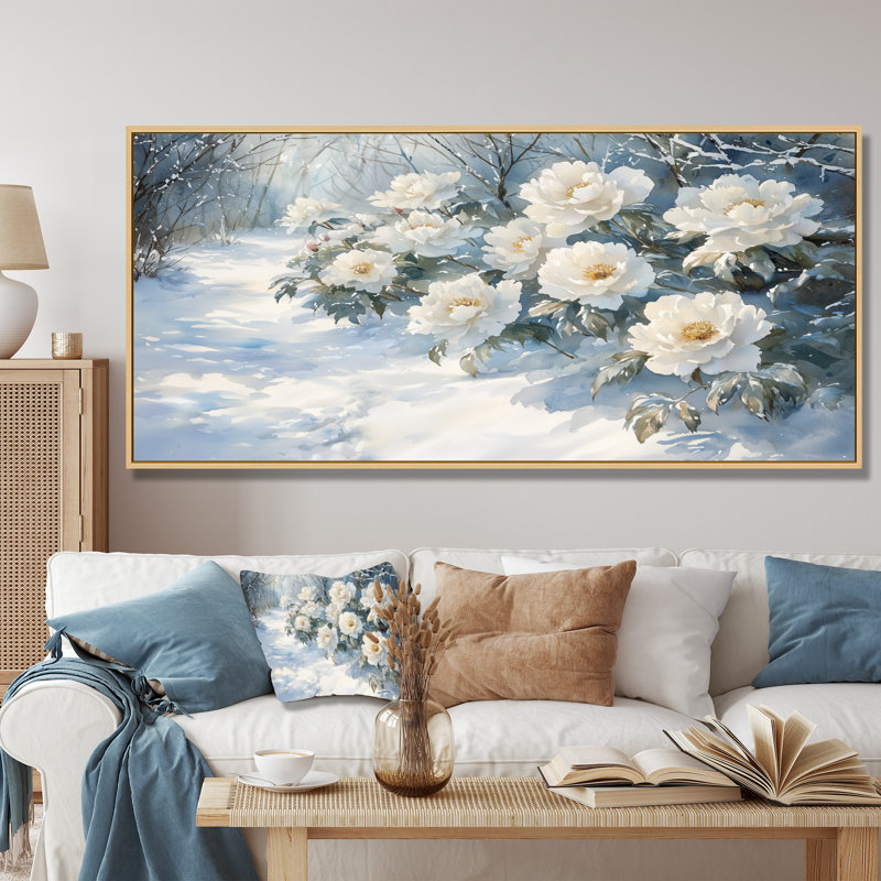 Makayla pivoines le long du sentier glacial I - pivoines, art mural pour le salon, H 28 po x l 60 po, Crème, crème