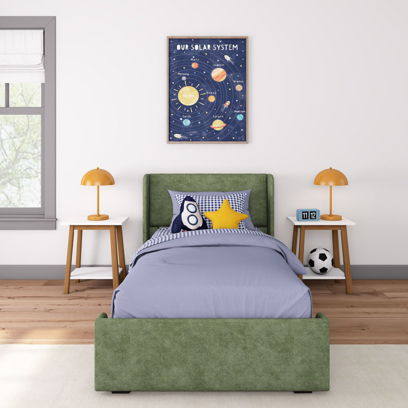 Lit à panneau tapissier en bois massif avec tête de lit rectangulaire, Simple, Vert