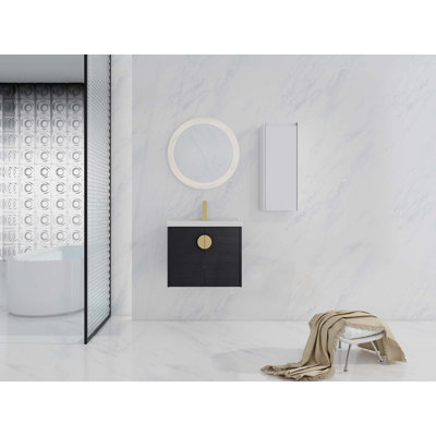 Meuble-lavabo mural avec lavabo en céramique et armoire latérale, portes à fermeture douce, armoire combinée