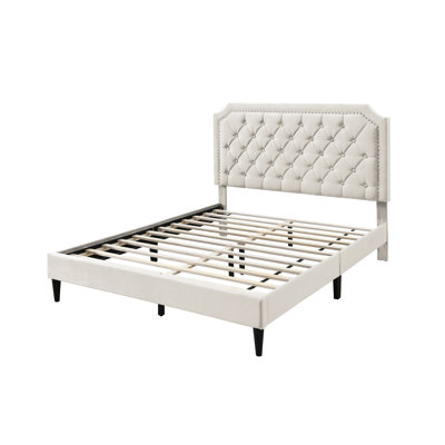 Ava Clipped Edge Nailhead Platform Bed-qn-beige Velvet
