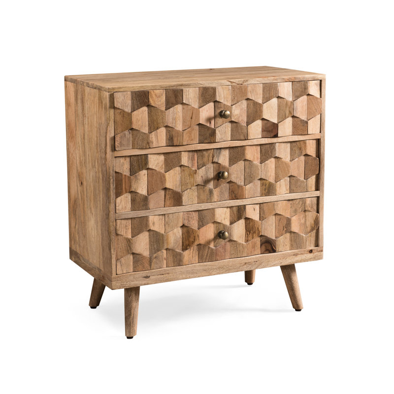 Commode 3 tiroirs en bois de manguier avec atmosphère chic de style Mid-Century et attrait de tissage 3D