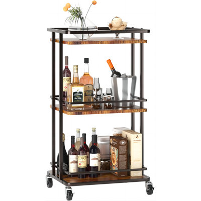 3 Tier Bar Cart For Home, Utility Kitchen Storage Island Serving Cart On Wheels, Brown
