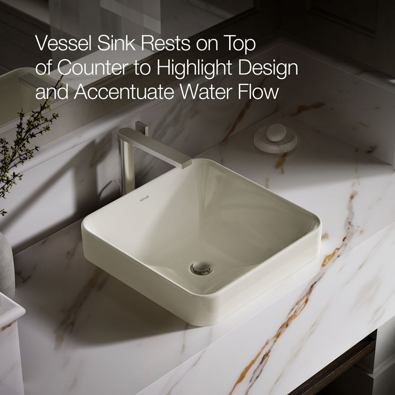Vox Ceramic Square Vessel Bathroom Sink with Overflow, Biscuit