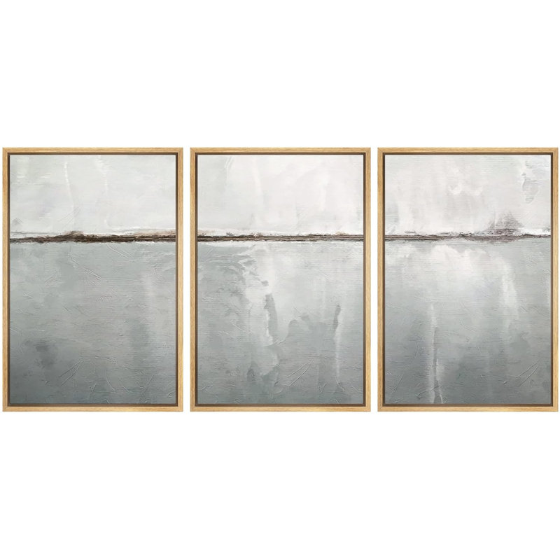 Minimal Landscape "Greenish Gray Abstract Simple Modern Decor Framed Canvas Print 3 Pieces Wall Art, Natural Floater Framed