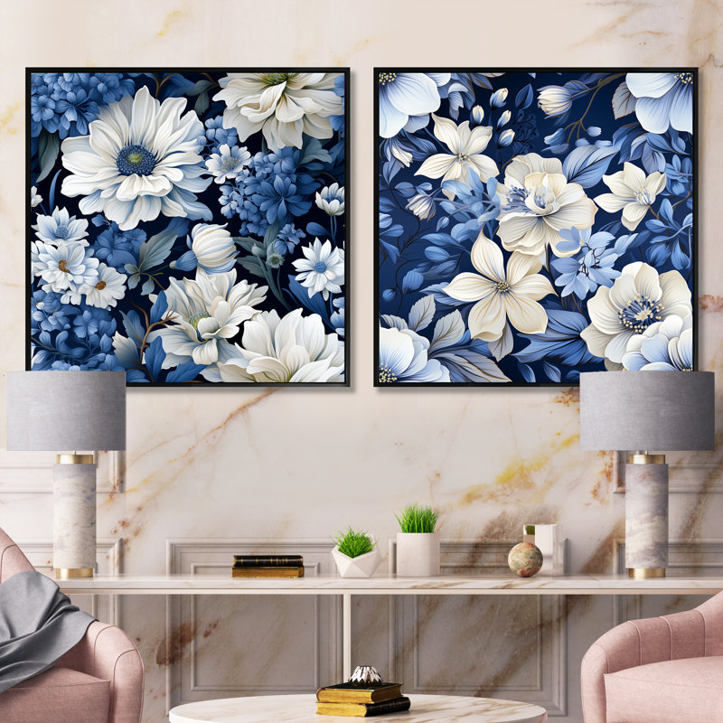 Ensemble de 2 collages floraux bleus et blancs à motif floral IV, Cadre flottant noir, H 16 po x l 33 po