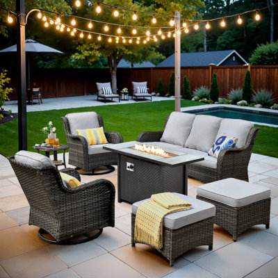 Ensemble de conversation pour foyer en osier / rotin pour 5 personnes avec chaises pivotantes et coussins Guillen