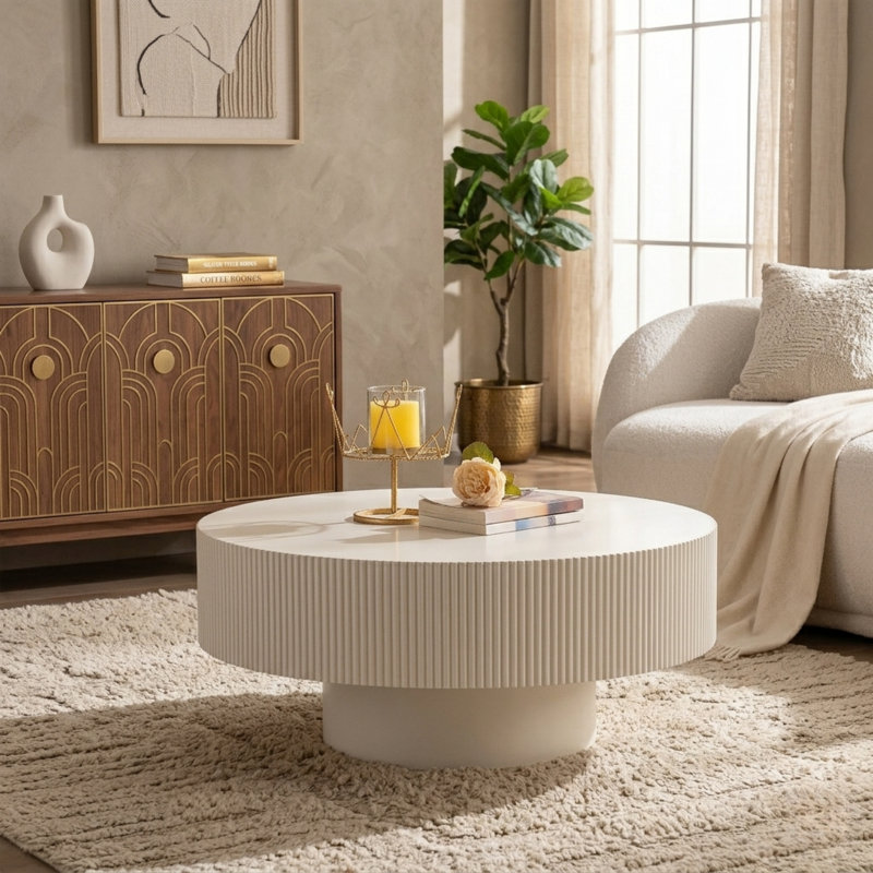 31.5" Modern Round Coffee Table With Solid Wood Groove Design For Living Room&Bedroom