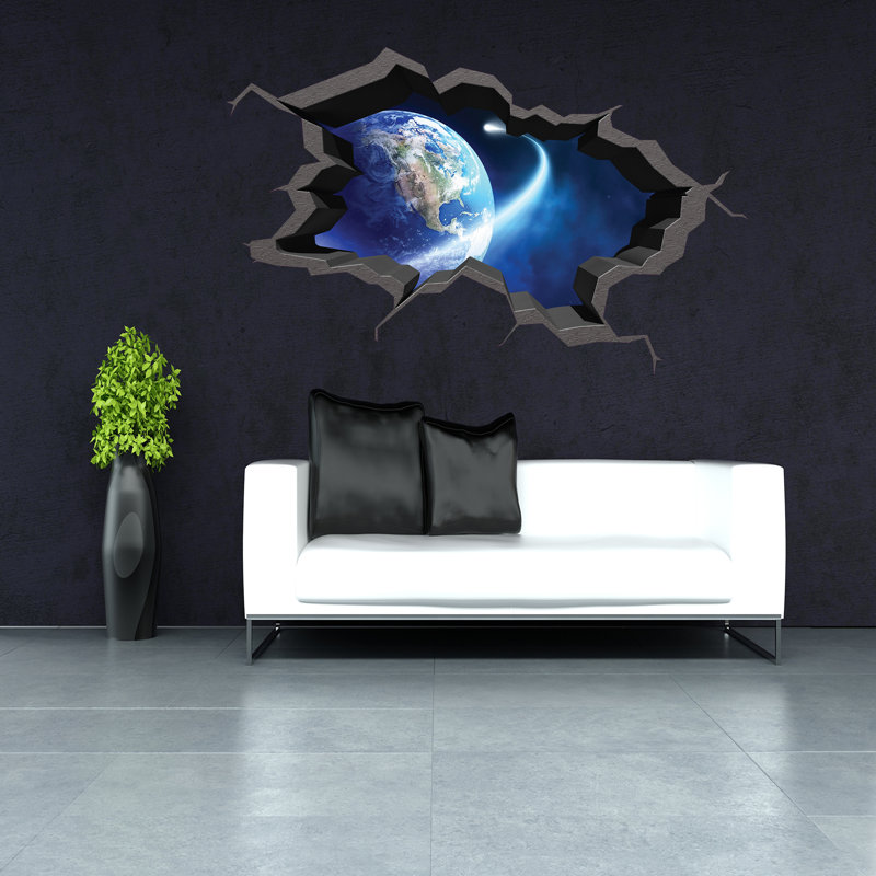 Adhésif mural terre, murale 3D, autocollant mural brisé, autocollant mural planète, décoration de pièce d'espace, autocollant mural en vinyle, décalque galaxie amovible (petit 28 po x 17 po)
