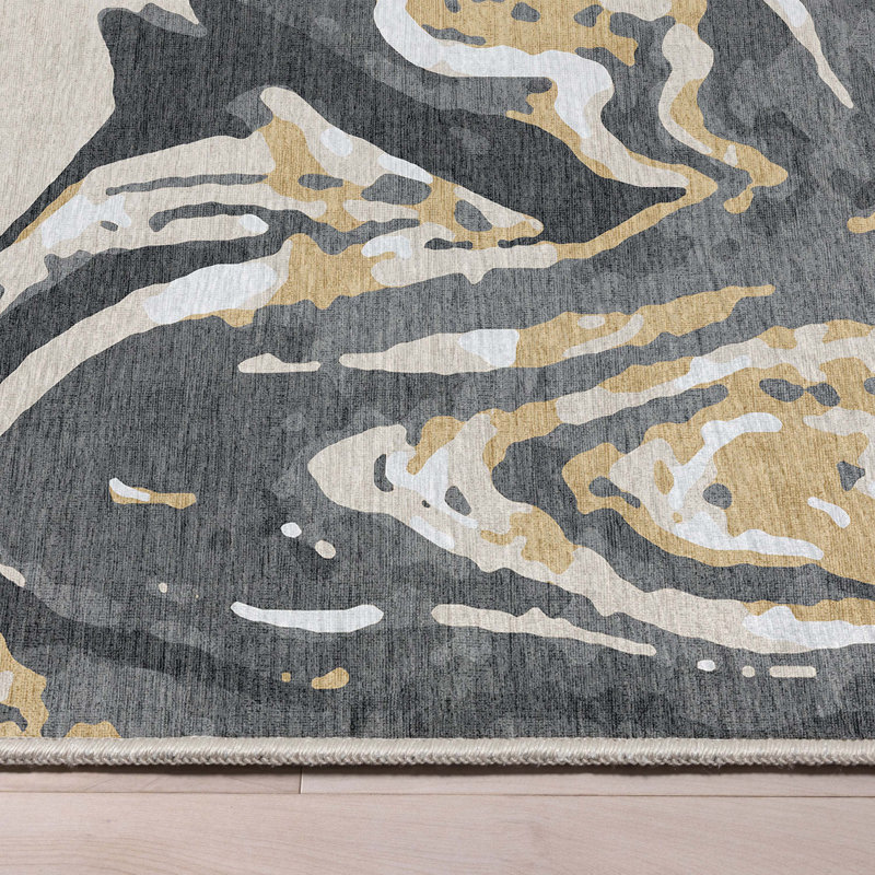  Abstract Harmony Modern Marble Gold Brown Flat-Weave Area Rug, Rectangle 5'3" x 7'3"