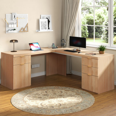 68.9-inch L Shaped Executive Desk With Charging Station, Modern Fluted Corner Desk With File Drawer & Storage Cabinet, Wooden Home Office Desk Computer Desk Writing Desk In Natural Oak