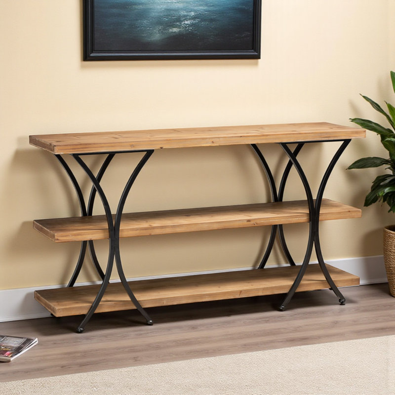 Parkland Console Table in Natural Brown Black Metal, 31.33" H X 59.56" W X 15.80" D
