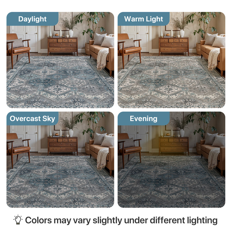 Blue /Ivory Performance Machine Washable Non-slip Area Rugs, Rectangle 2' x 10'