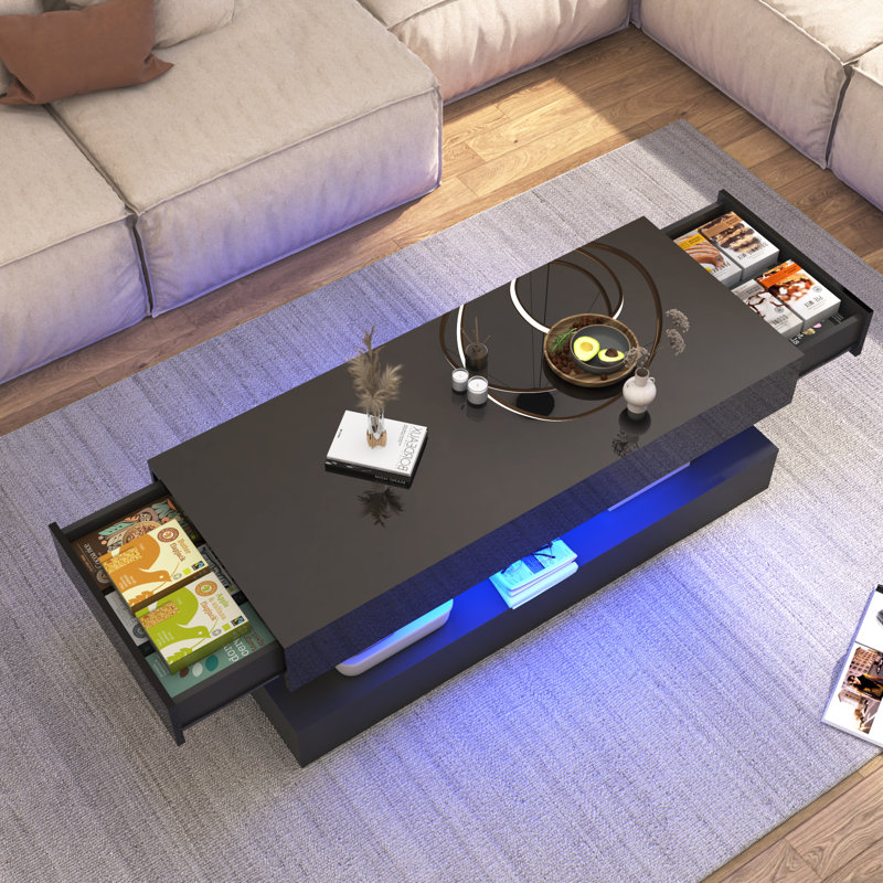 Table basse de 39,4 po moderne à DEL ultrabrillante avec 2 tiroirs de rangement, lumière centrale RVB de contrôle APP, imperméable et résistante aux égratignures