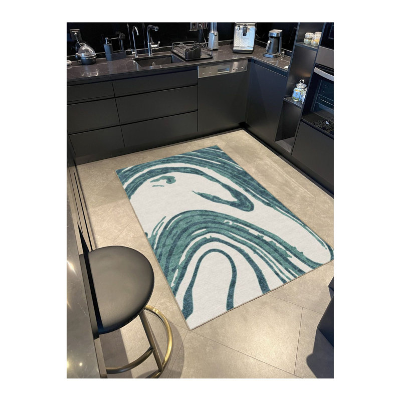 Green Wavy Patterned Woven Base Washable Rug, Runner 2'6" x 6'7" Rug Pad Included