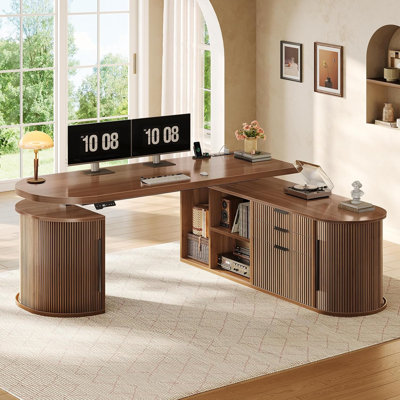  57" L Shaped Standing Desk with Storage, Electric Height Adjustable Curved Executive Desk