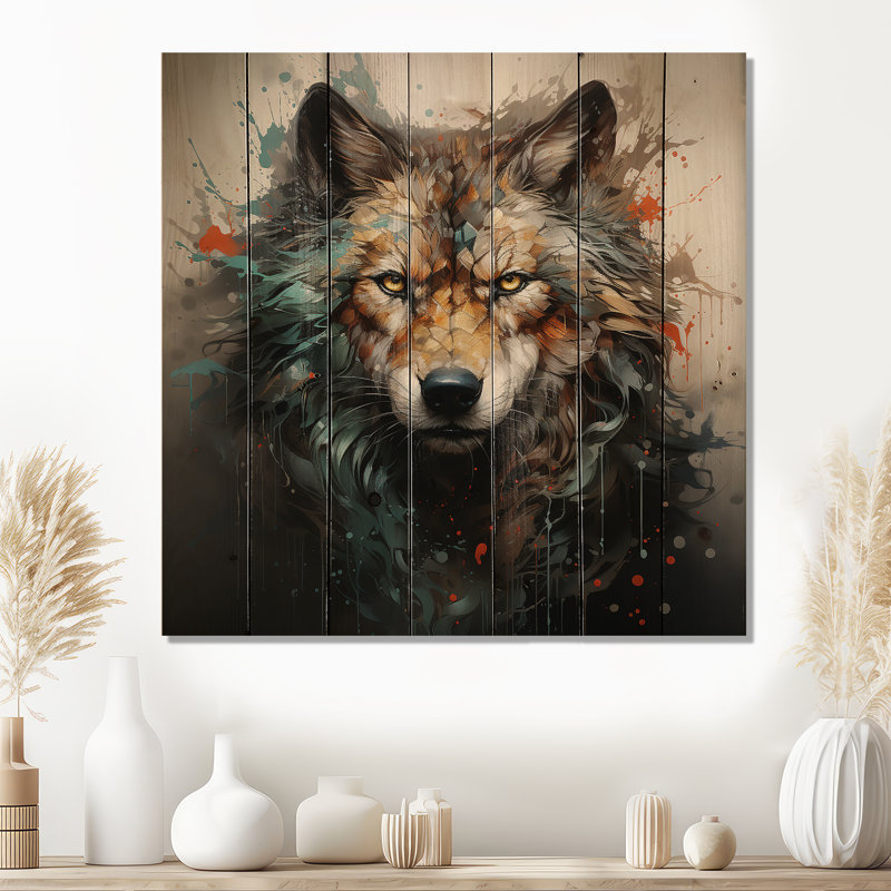 Portrait de loup solitude I - loup sur bois, H 15 po x l 15 po