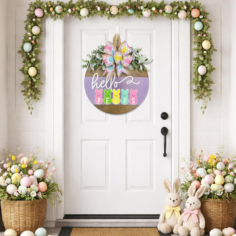 Couronne de Pâques pour porte d'entrée, lapin de Pâques Peeps, porte de bienvenue en bois, cintre, couronne, décoration de maison de ferme rustique à l'extérieur (Hello Peeps)