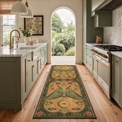 Tapis de couloir vintage Luna Moth Botanical, vert orange céleste, lavable à la machine, antidérapant