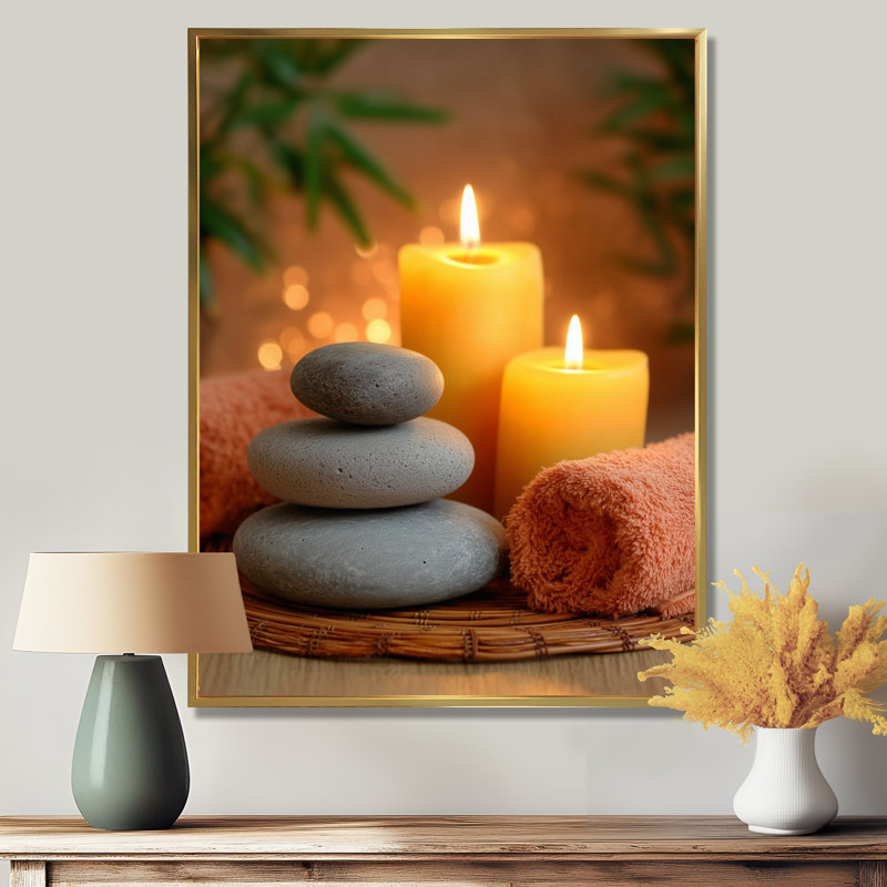 «Elegant Relaxing Spa Cadre - Bambou», reproduction d'art sur toile jaune asiatique, Cadre flottant, H 32 po x l 24 po, Doré