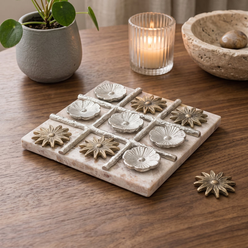 Jeu de 9 po Tic Tac Toe en marbre et aluminium avec pièces florales dorées et argentées