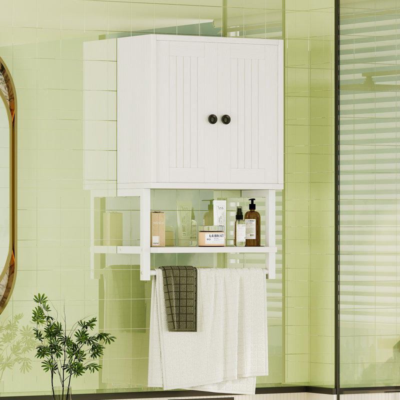 Small Farmhouse Style Rustic Medicine Cabinet with Two Barn Doors, Wooden Wall Mounted Storage Cabinet with Shelf and Towel Bar for Bathroom, Living Room, Kitchen, White