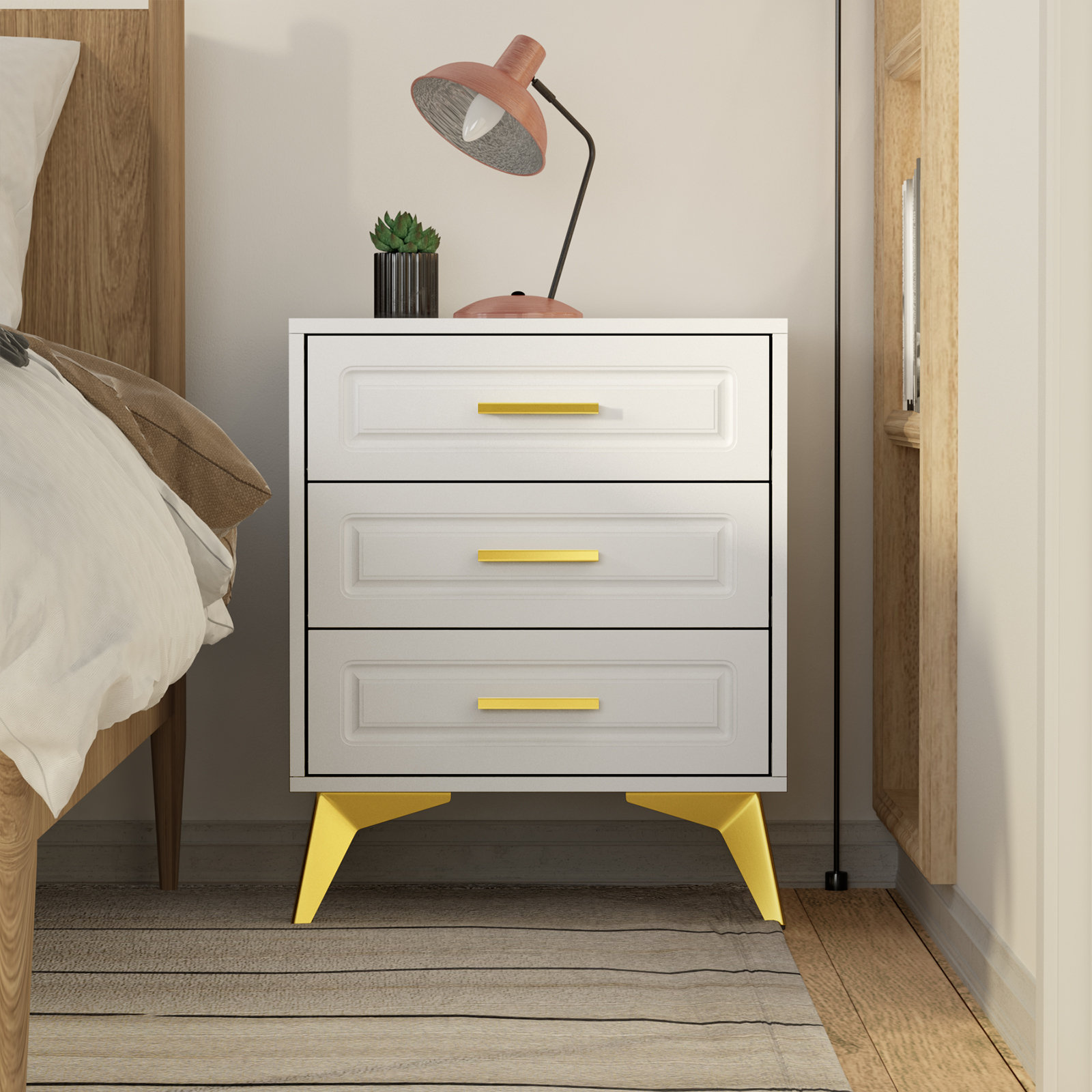 Mercer41 Kaysa 3Drawer White Nighstands with Gold Handles Modern