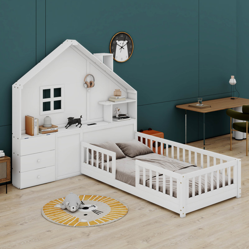 Helis House Bed with Window and Bedside Drawers, White, Twin