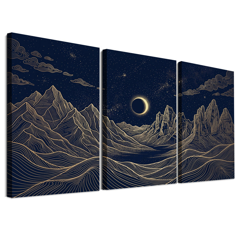 Ensemble de 3 toiles murales représentant une chaîne de montagnes et un croissant de lune, avec des lignes dorées
