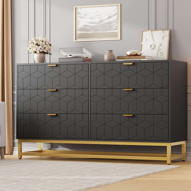 Commode pour chambre à coucher, grande commode de 53,5 po, 6 tiroirs avec poignée et pieds en métal doré, Noir