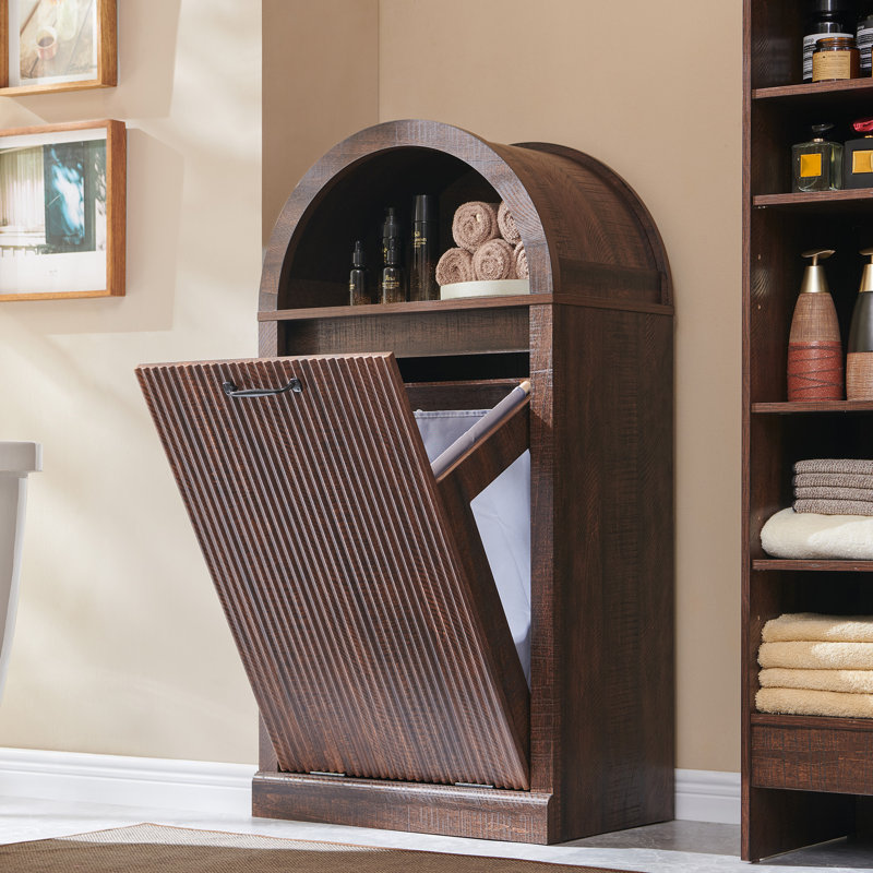 Armoire à panier à linge arquée moderne avec tablette ouverte, panier à linge de salle de bain cannelé de 10 gallons (comprend un panier à linge 1 pièce)