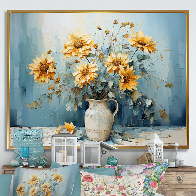 «Blue Sunflowers Farmhouse Still Life» sur toile, Cadre flottant doré, H 12 po x l 20 po x P 1 po