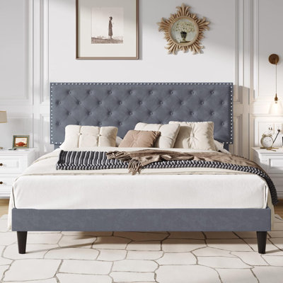 Silver Grey King Button Tufted Velvet Upholstered Bed