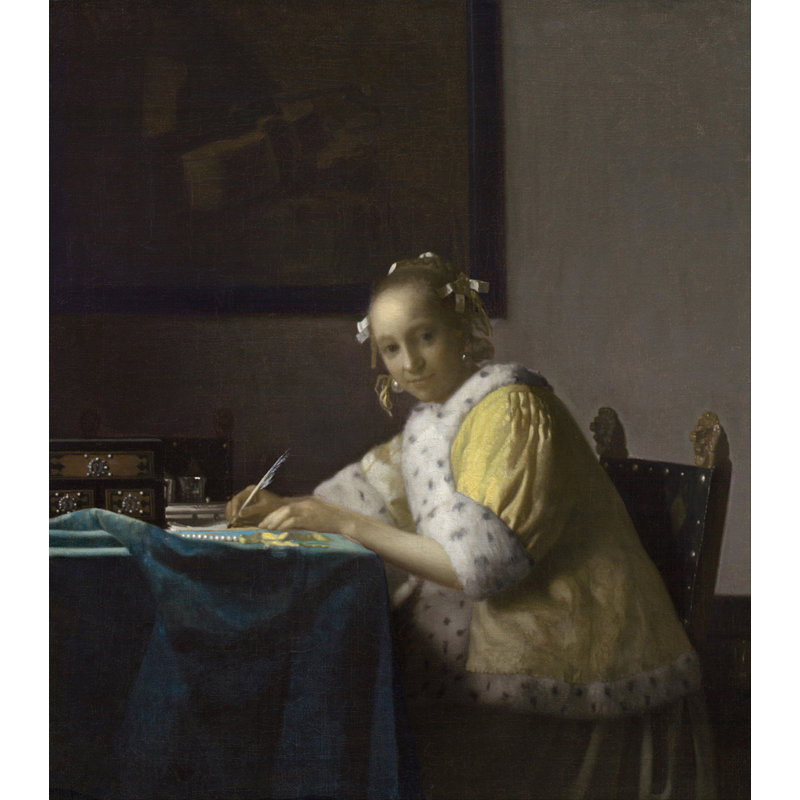 Une dame écrivant une lettre, H 17 po x l 15 po