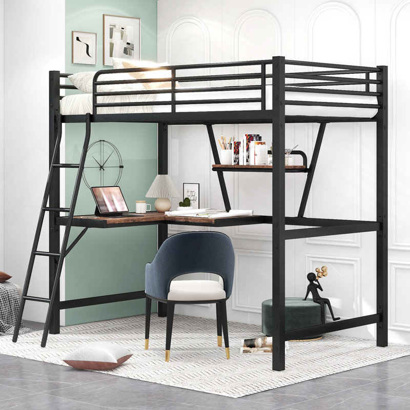 Lit mezzanine simple en métal avec bureau et tablette, noir