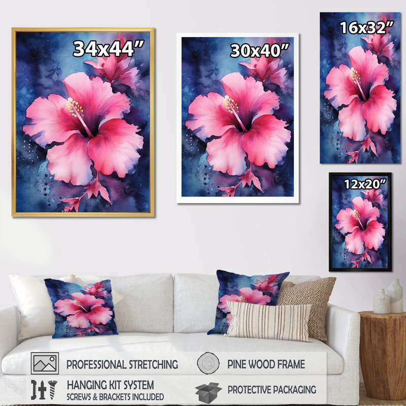 «Tropical Floral Hibiscus Beauty I», reproduction sur toile, Cadre flottant doré, H 32 po x l 24 po x P 1 po