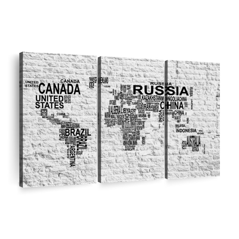 Carte du monde en brique sur 3 pièces, H 24 po x l 38 po x P 1,25 po