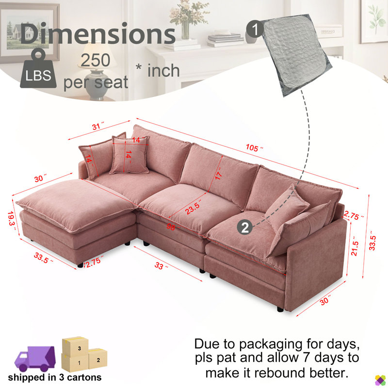 Canapé modulaire de 105 po en chenille LAF RAF 105 po, canapé, 3 places, Chenille rose