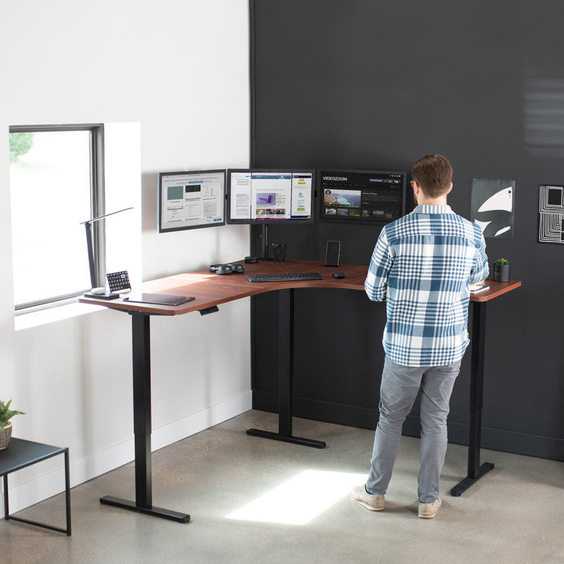VIVO Electric 71" x 71" Curved Corner Stand Up Desk (E3CB2 Series), Dark Walnut/Black
