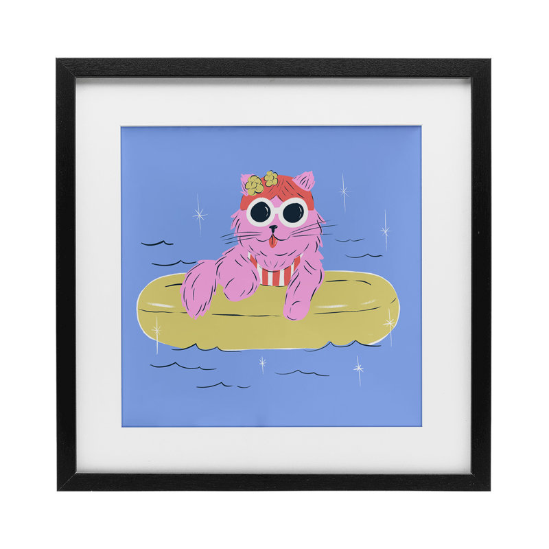«Summer Pool Float Cat», reproduction encadrée sous verre, conception de Krissy Mast, H 13 po x l 13 po, Cadre noir minuit