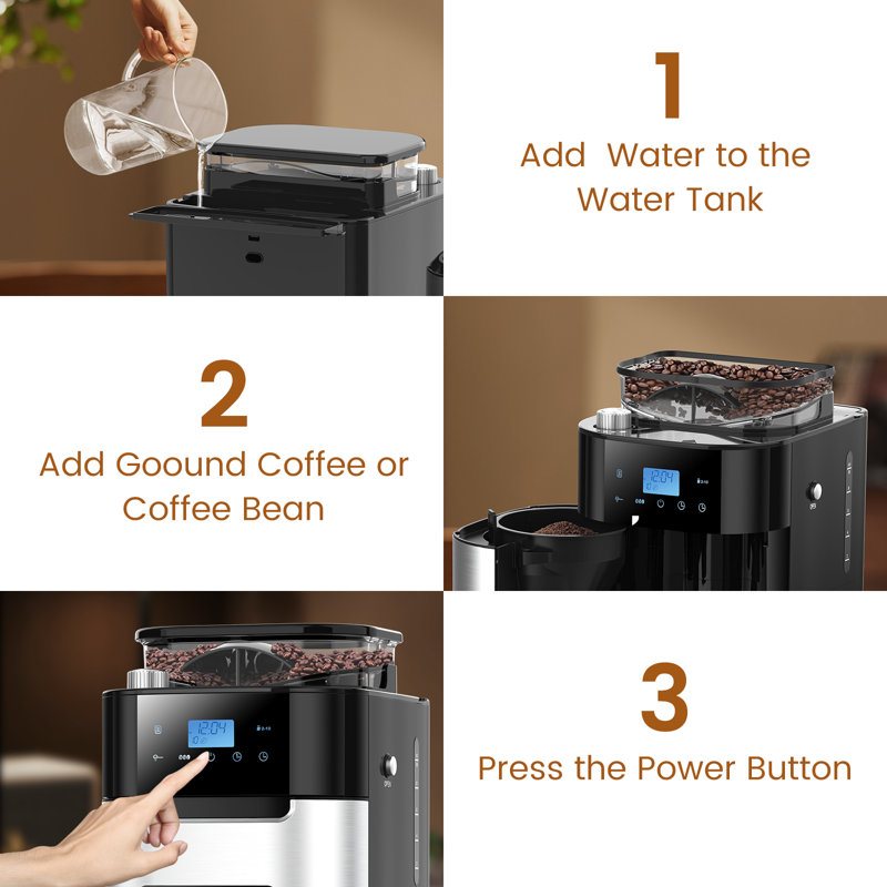 Cowsar 10-cup Drip Espresso Machine With Built-in Grinder, 24-hour Programmable, Adjustable Grind & Brew