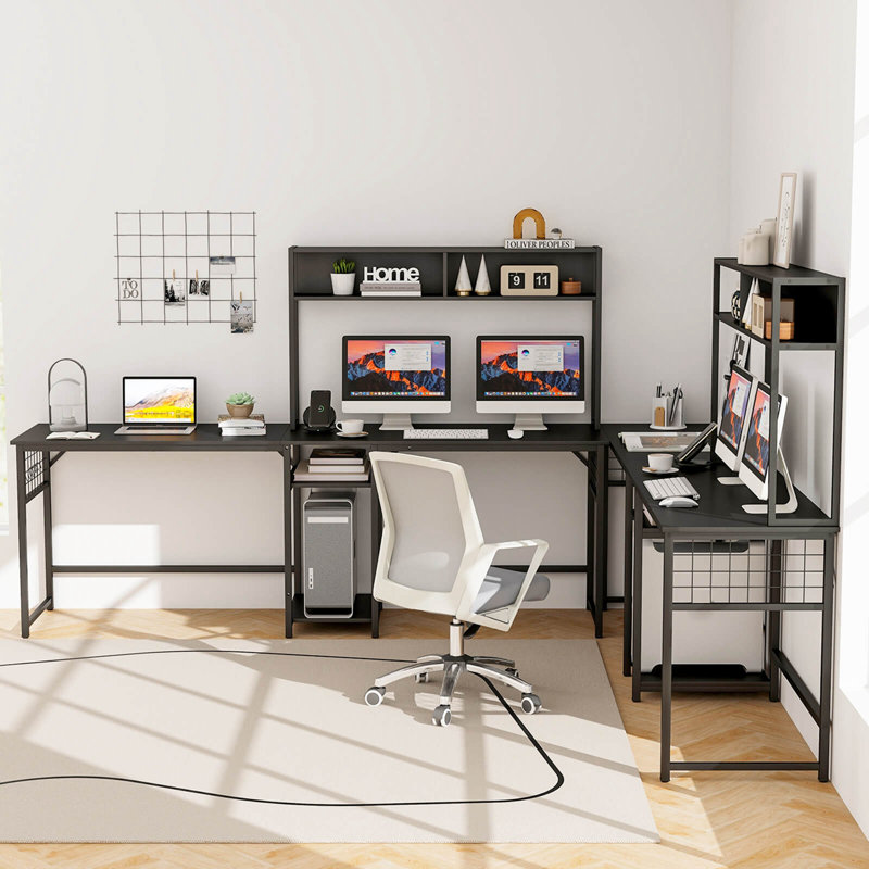 Magdali L-Shaped Steel Computer Desk, Black