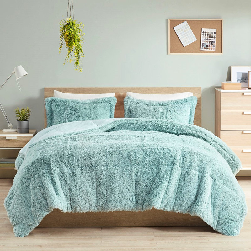 Édredon pour lit double / grand lit - Fourrure longue à poil long bleu avec rembourrage doux