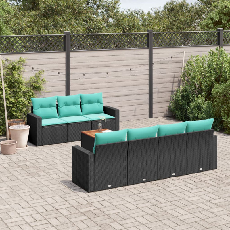 Ensemble de canapé de patio 8 pièces avec coussins en rotin de polyester, Bleu clair, Noir