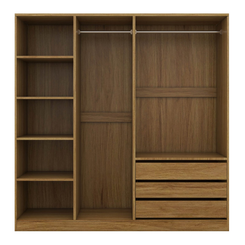 Open Freestanding Clothes Closet With 3 Drawers, Doorless Wooden Storage Closet Wardrobe With Shelves And Hanging Rods