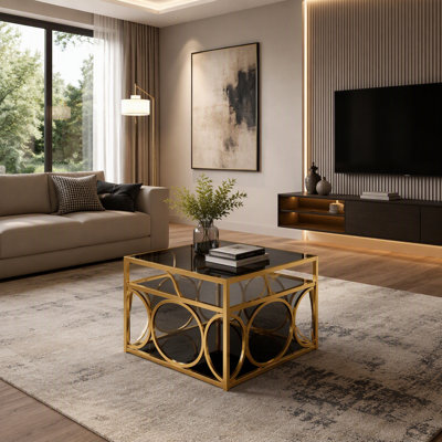 Table basse de luxe en verre avec structure en métal doré, table basse rectangulaire avec tablette de rangement inférieure, table de centre Art déco pour le salon