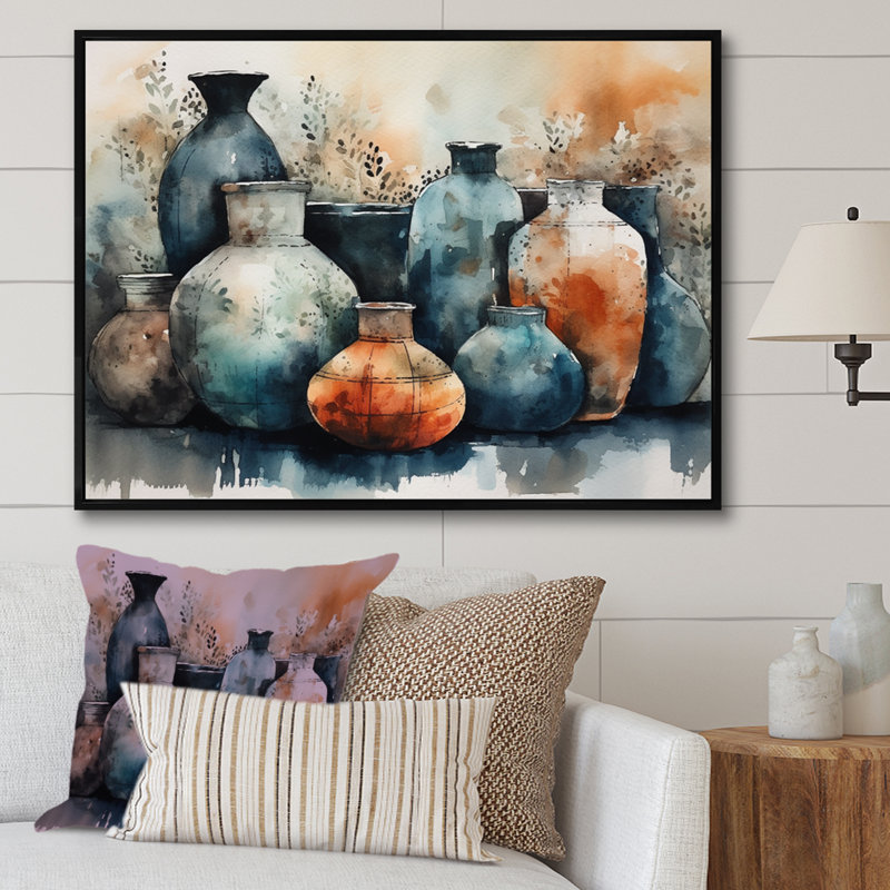Art mural bleu et orange Kamani - art mural Boho Pottery II, H 12 po x l 20 po x P 1 po, Cadre flottant noir